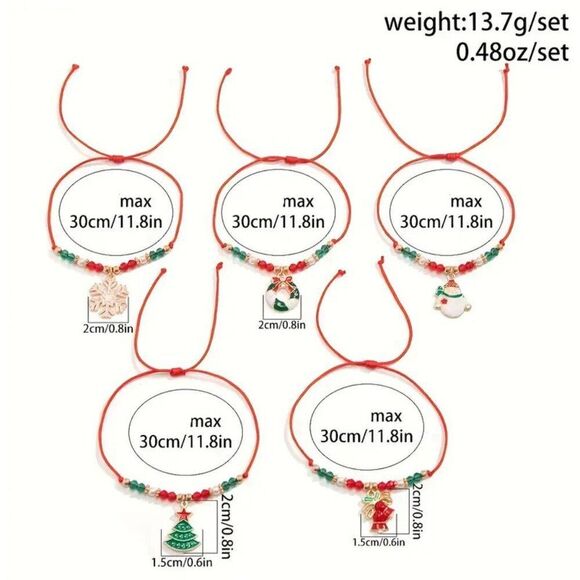 5pcs Christmas Winter Santa Claus Reindeer Snowflake Shaped Bead Bracelet Set - Picture 2 of 2